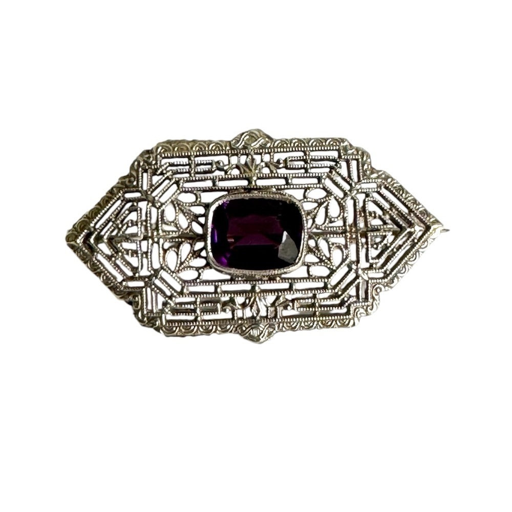 Art Deco 10K White Gold Brooch Filigree‎ Amethyst Pin Ornate Victorian Vintage - Picture 3 of 12